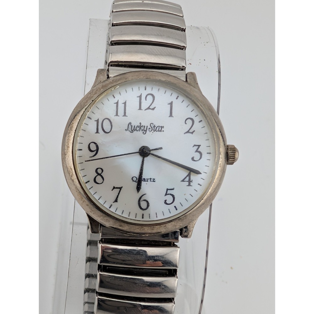 Lucky Star‎ Watch Women 28mm Case MOP Dial Silver Stretch Band- New Battery